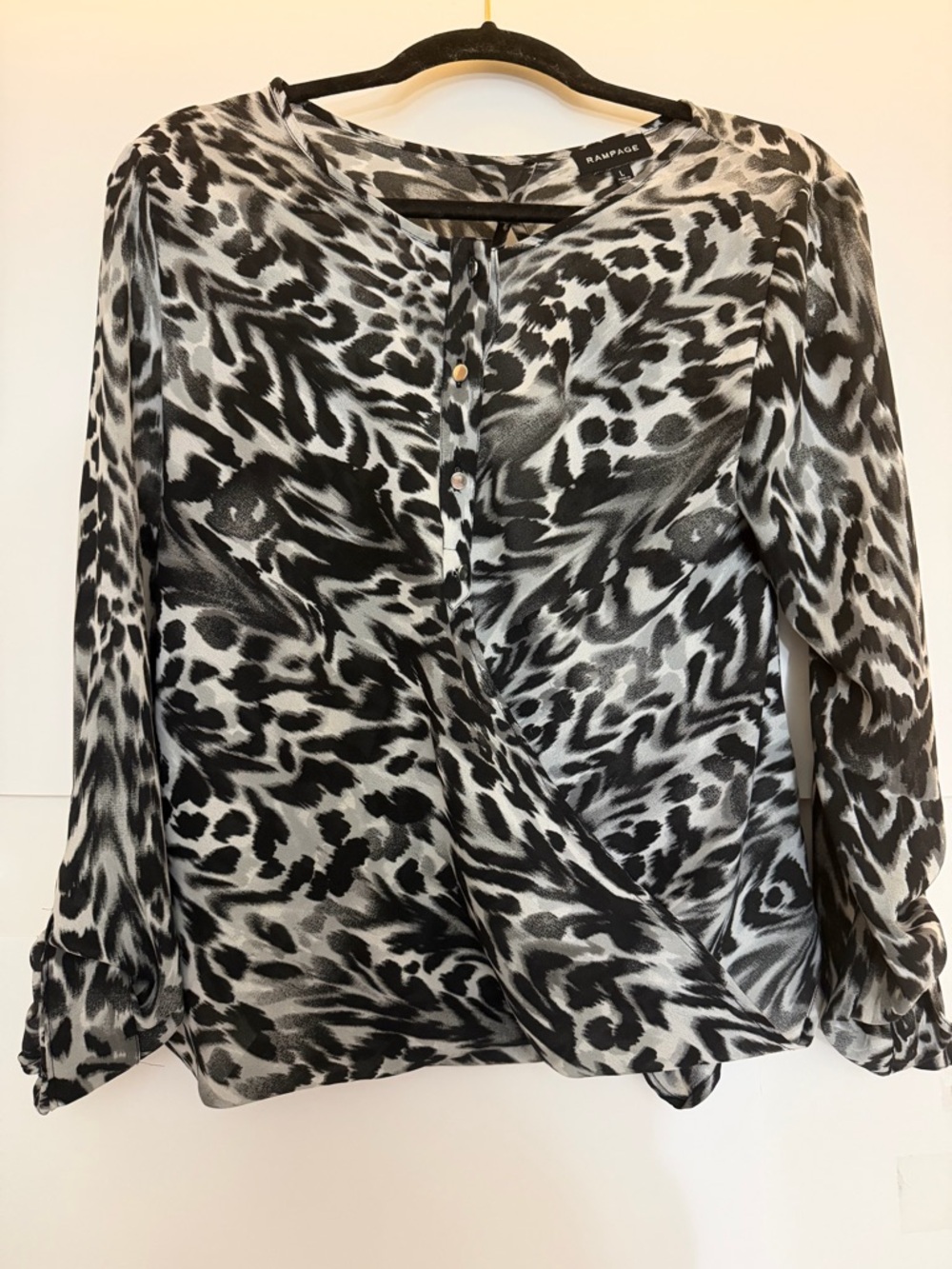 Rampage Black & White Animal-Print Faux Wrap Blouse